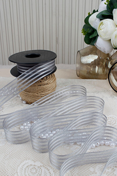 Mortex Gray Hilton Striped Chiffon Ribbon 2.5 cm 20 m - Wedding Favor, Engagement, Bride’s Dowry, Gift, Decoration, Party