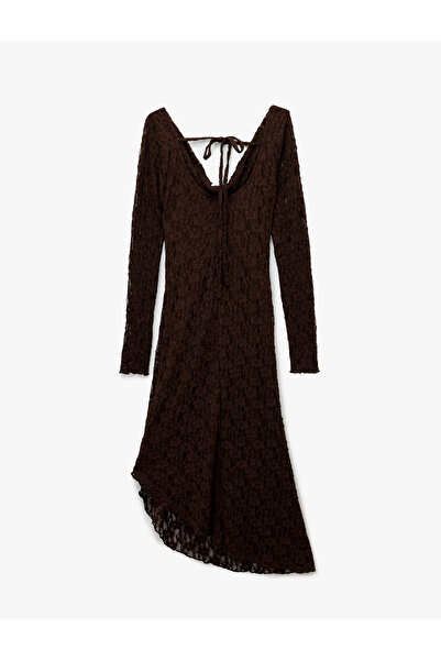 Koton Back Detailed Degaje Collar Long Sleeve Asymmetrical Midi Lace Dress