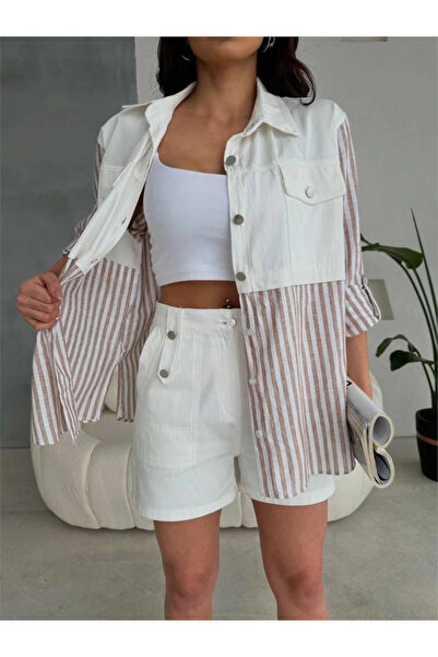 GENCULUS Gabardine Shorts Gabardine Striped Linen Trimmed Jacket Jewelry Brown