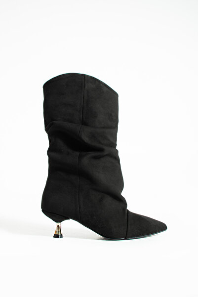 Siena Shoes Olivia Kadın Körüklü Kısa Topuklu Çizme Siyah Süet