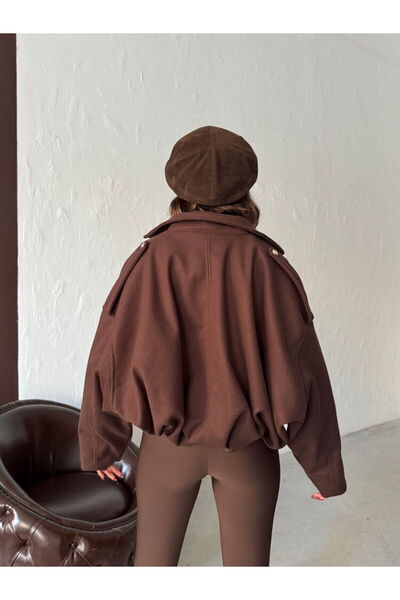 VELZANA Brown Bomber Short Cashmere Coat Jacket