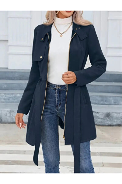 GENCULUS Women's Long Sleeve Buttoned Zippered Waist Belted Suede Jacket