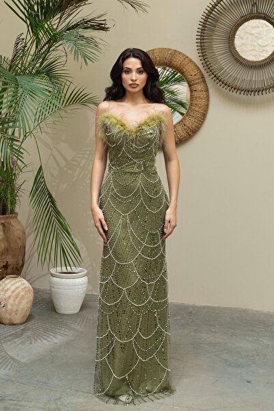 Serica Moda Πράσινο βραδινό φόρεμα χωρίς λουράκια με λεπτομέρεια κεντήματος Otriş