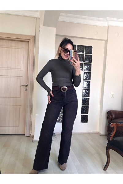 Gözde Tasarım Butik Women's Brown Stone-Washed High Waist Loose Palazzo Jeans Denim Pants