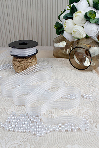 Mortex White Hilton Striped Chiffon Ribbon 2.5 cm 20 m - Gift Wrapping, Wedding, Engagement, Dowry, Present, Decoration, Party