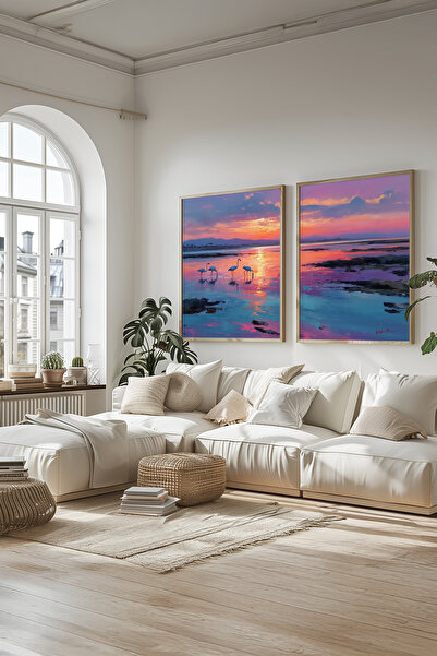 STARYUNA Wooden Framed Double Painting Set with Sunset and Flamingo View Yuna443
