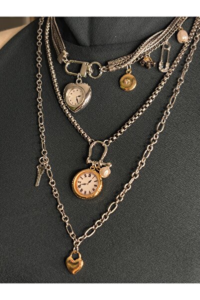 lotusbybuket Çelik marka model çok zincirli incili silver saat kolye