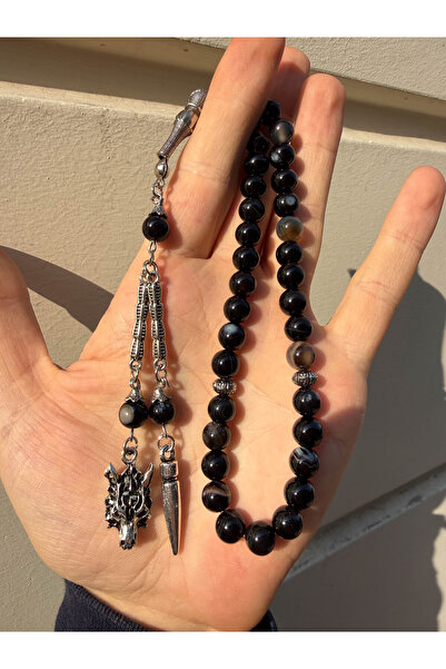 A-STİL TAKI Double Wolf and Bullet Tassel Natural Agate Stone Prayer Beads