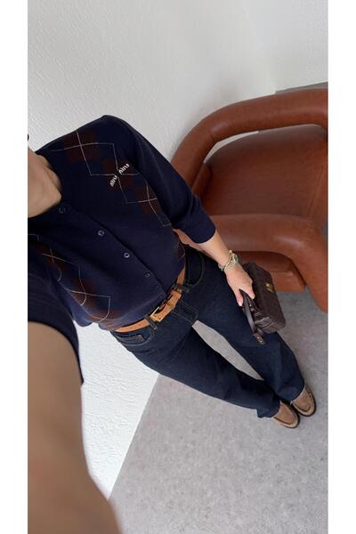 HAZELANNA Baklava Pattern Navy Blue Cardigan