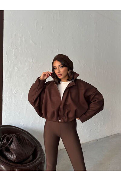 VELZANA Brown Bomber Short Cashmere Coat Jacket