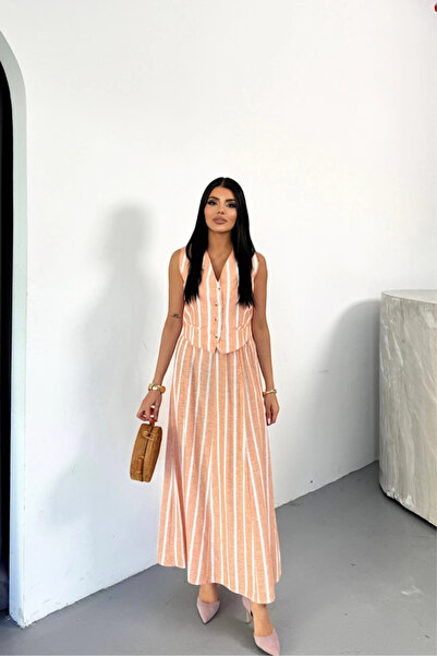 GENCULUS Chain Striped Vest Long Skirt Jewelry Orange