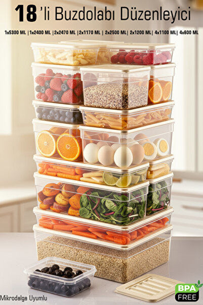 FİTHOME 18-Piece Refrigerator and Freezer Organizer Storage Container Set Microwave-Safe Bpa-Free In-Cabinet Storage Container