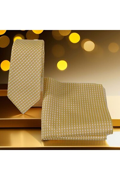 Exve Exclusive Honey Yellow and White Lattice Knit Pattern Soft Gift Boxed Tie and Handkerchief Set