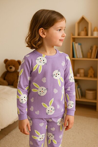 YİGİT BUTİK Rabbit Printed Girl's Pajama Set