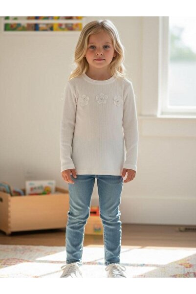 Zekids Girls' Floral Patterned Corded Fabric Long Sleeve T-Shirt