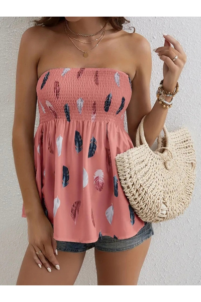 GENCULUS    Women's Leaf Patterned Mosskrept Strapless Blouse with Chest