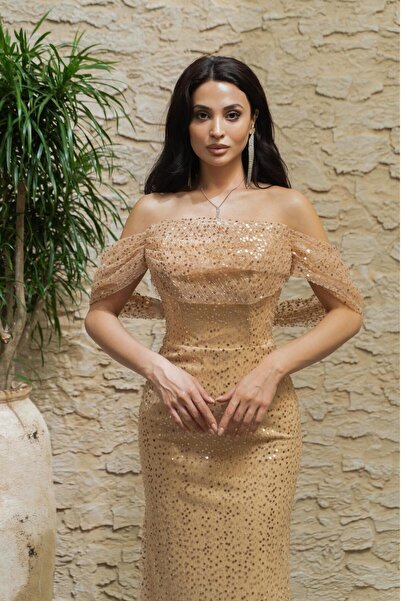 Serica Moda Χρυσό βραδινό φόρεμα με παγιέτες χωρίς λουράκια