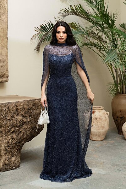 Serica Moda Lacivert Straplez Boncuk İşlemeli Pelerinli Abiye Elbise