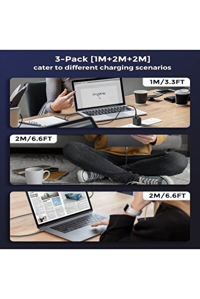 Silkland 60W Fast Charge Data Cable Set, 3 pcs (1x1m + 2x2m) USB-C to USB-C PD 3.0