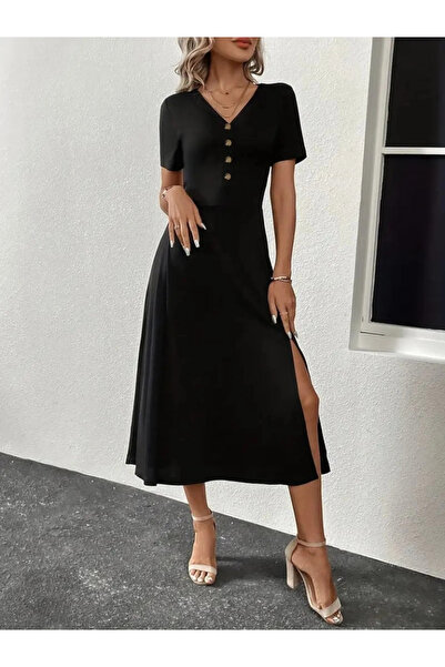 GENCULUS Women's short sleeve v neck front button Slit midi viscose dress