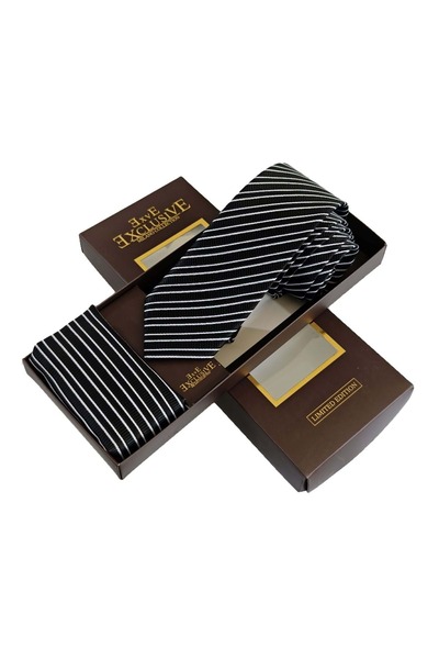 Exve Exclusive Black and White Elegant Striped Jacquard Woven Tie and Handkerchief Set with Gift Box