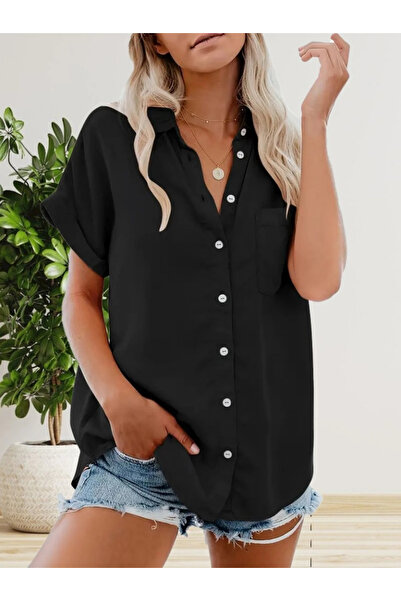 GENCULUS    Women's Short Sleeve V Neck Front Button Woven Shirt