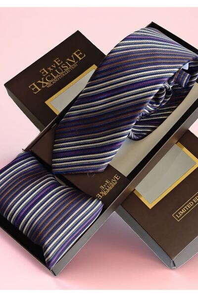 Exve Exclusive Purple Beige Brown Striped Jacquard Satin Woven Gift Boxed Tie and Handkerchief Set