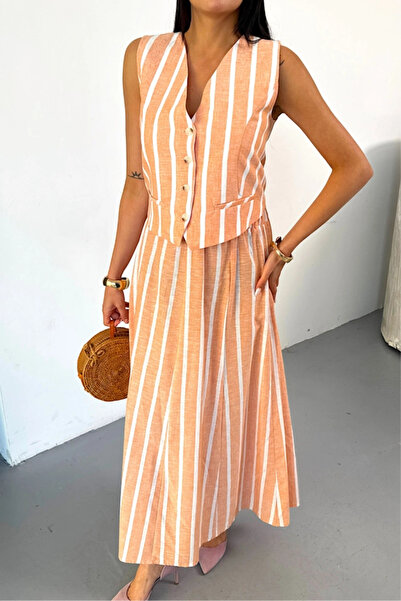 GENCULUS Chain Striped Vest Long Skirt Jewelry Orange