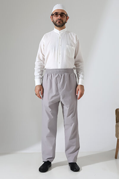 ihvan online Men's Elastic Waist Pocket Hajj Umrah Linen Shalwar Pants - Gray (Vşn)