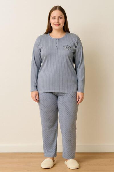 Pemilo Women's 0385 Large Size Reported Thick Winter Pajama Set Indigo