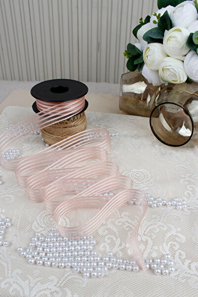 Mortex Powder Pink Hilton Striped Chiffon Ribbon 2.5 cm 20 m - Wedding Favors, Engagement, Dowry, Gift, Decoration, Party