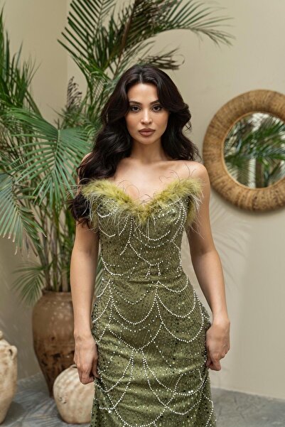 Serica Moda Πράσινο βραδινό φόρεμα χωρίς λουράκια με λεπτομέρεια κεντήματος Otriş