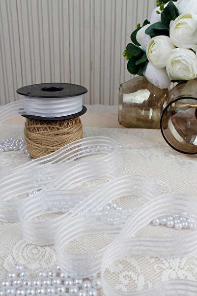 Mortex White Hilton Striped Chiffon Ribbon 2.5 cm 20 m - Gift Wrapping, Wedding, Engagement, Dowry, Present, Decoration, Party