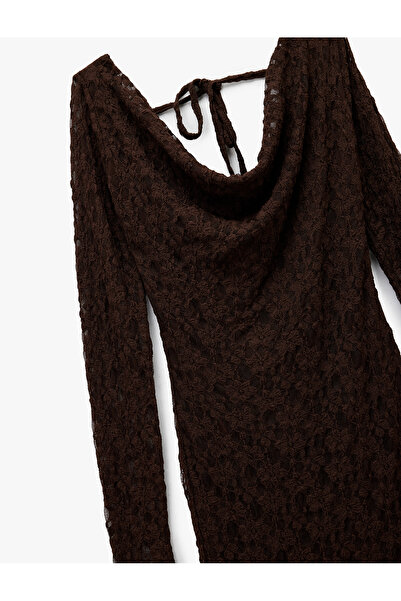 Koton Back Detailed Degaje Collar Long Sleeve Asymmetrical Midi Lace Dress