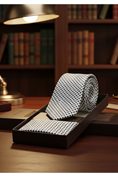 Exve Exclusive White and Black Lattice Knitted Patterned Soft Tie and Handkerchief Set with Gift Box