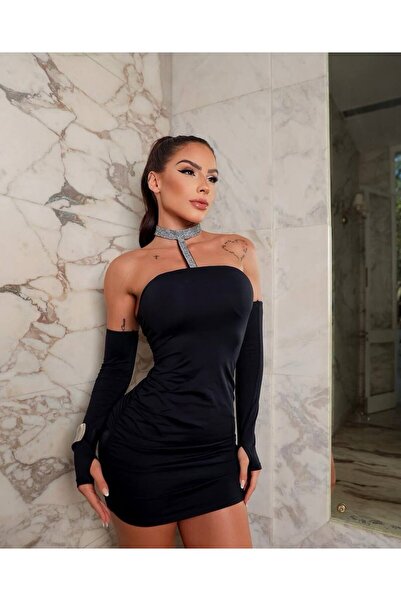 euro click Rochie mini cu mâneci lungi, cu detalii din piatră și șnururi pe l...