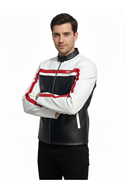 CHOS7N Jachetă din piele cu dungi cu imprimeu pentru bărbați, cu fermoar