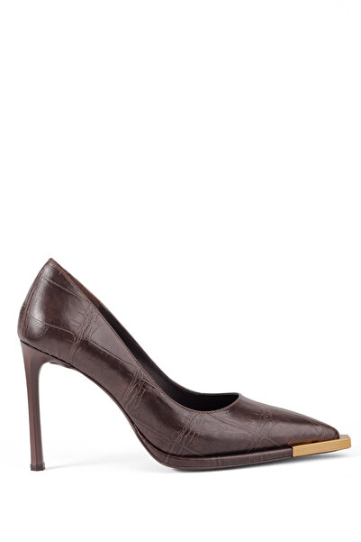 MARY Women's Brown Crocodile Patterned Metal Toe Detailed Thin Heel Stylish Stiletto Shoes