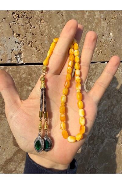 A-STİL TAKI Capsule Cut Wrist-Length Beirut Amber Prayer Beads Double Emerald Embroidered Tassel