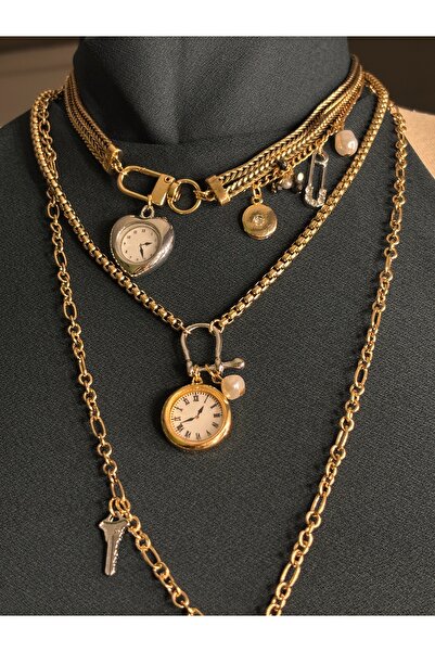 lotusbybuket Çelik Gold çoklu zincir özel tasarım marka model saat kolye