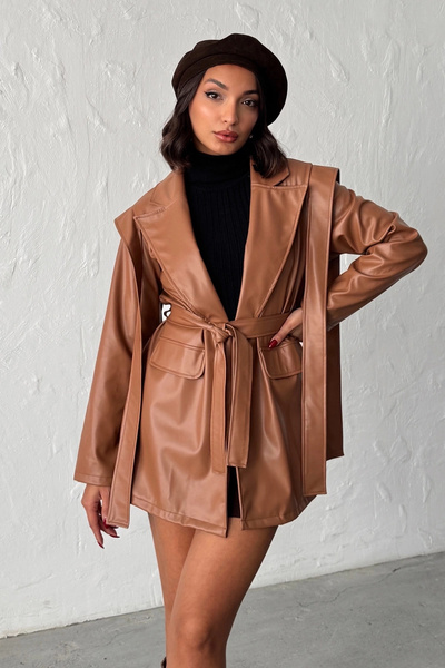 URİS Women's Brown Double-Breasted Collar Belted Leather Jacket