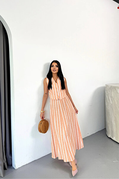 GENCULUS Chain Striped Vest Long Skirt Jewelry Orange