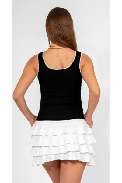 ALCİNOUS 2-Piece Black/Brown Embroidered Detail 100% Cotton Thick Strap Tank Top Bluz