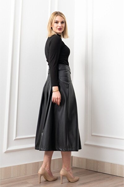 GİYSİ DÜNYASI 57 Suny Leather Fabric Side Zipper Slit Detail Long Skirt