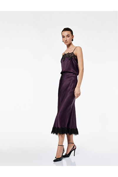 Koton slim fit Fusta midi din satin cu detaliu din dantela