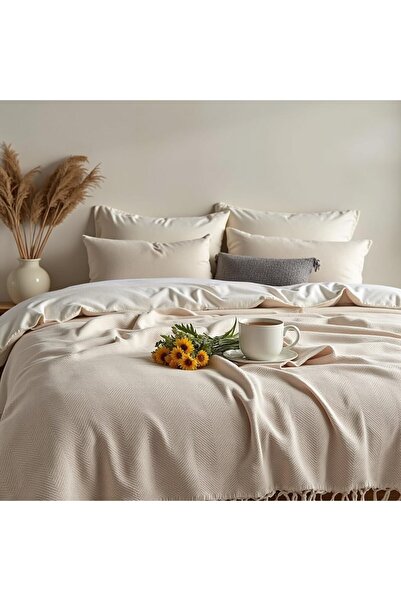 BOHORIA Fringed blanket, BOHORIA, Cotton, OEKO-TEX Certified, Cream, 170x230 cm