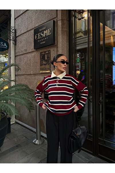 LB Laluna Butik Women's Polo Neck Buttoned Striped Sweater