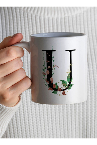 LOWHA 11 oz Ceramic Mug with Letter U Design on Both Sides