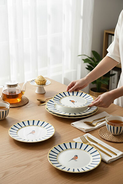 Kezze Kuş Figürlü Modern Çizgili Pasta-Tatlı Servis Tabağı (1 Adet)