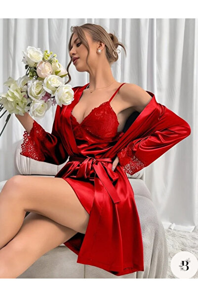 Bellavisa Kırmızı Saten Sabahlıklı Dantel Gecelik Seti